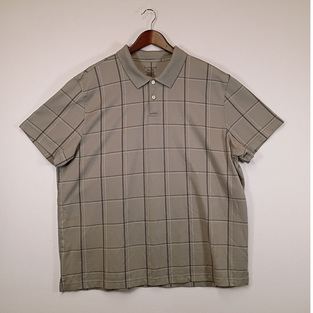 Business Casual Van Heusen Mens XXL Gray Windowpane Plaid Pique Polo Shirt